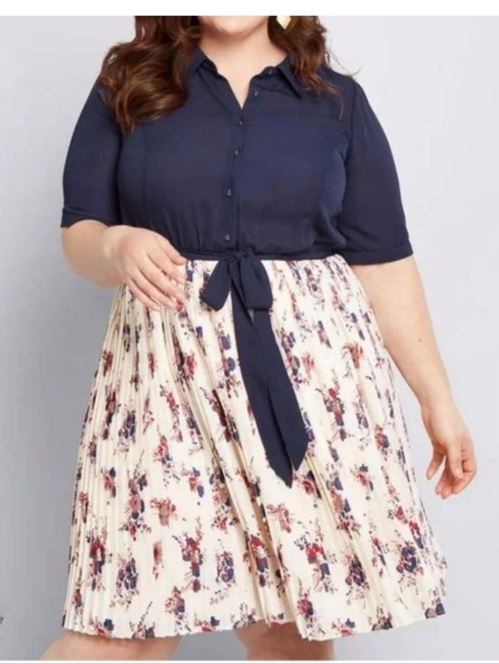 Modcloth Adored Duet Navy Floral Pleated Belted Dress